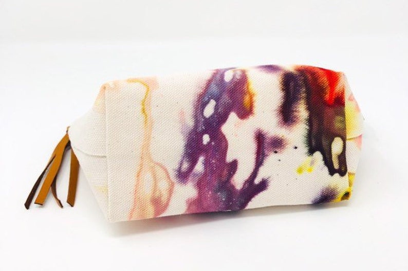 Valencia Hand Dyed Medium Organic Cotton Yellow Purple Orange Everyday Toiletries Travel Pouch Leather Tassel