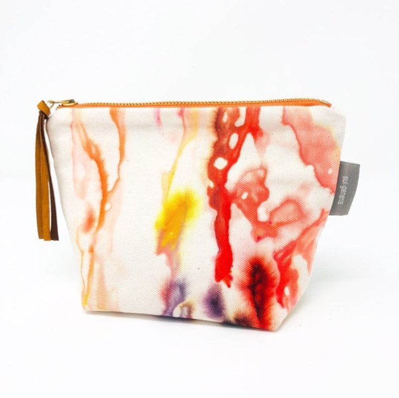 Valencia Hand Dyed Medium Organic Cotton Yellow Purple Orange Everyday Toiletries Travel Pouch Leather Tassel