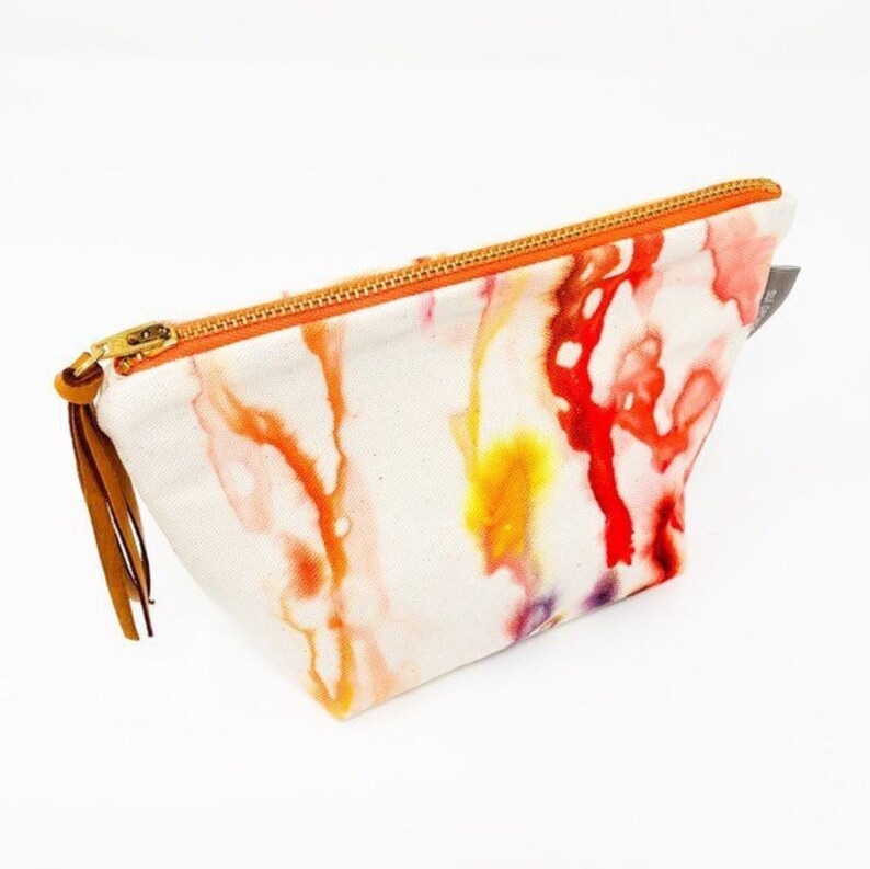 Valencia Hand Dyed Medium Organic Cotton Yellow Purple Orange Everyday Toiletries Travel Pouch Leather Tassel