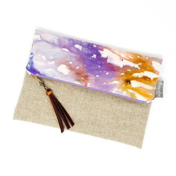 Dorchester Hand Dyed Fold Over Pouch Linen Two Tone Purple Lavender Leather Tassel Travel Clutch