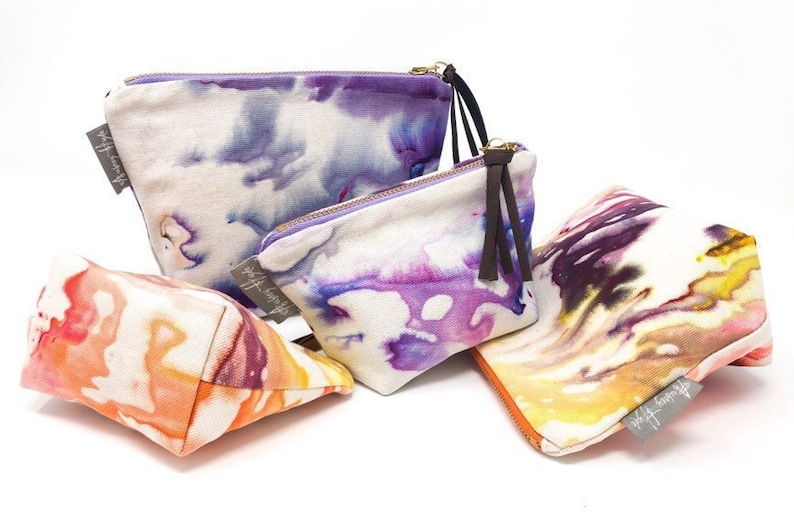 Valencia Hand Dyed Medium Organic Cotton Yellow Purple Orange Everyday Toiletries Travel Pouch Leather Tassel