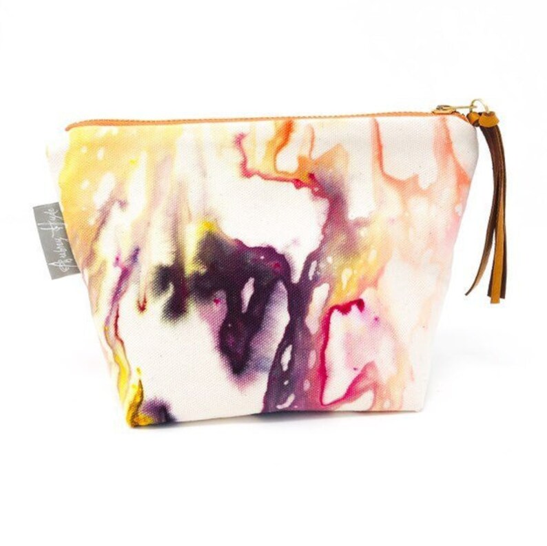 Valencia Hand Dyed Medium Organic Cotton Yellow Purple Orange Everyday Toiletries Travel Pouch Leather Tassel