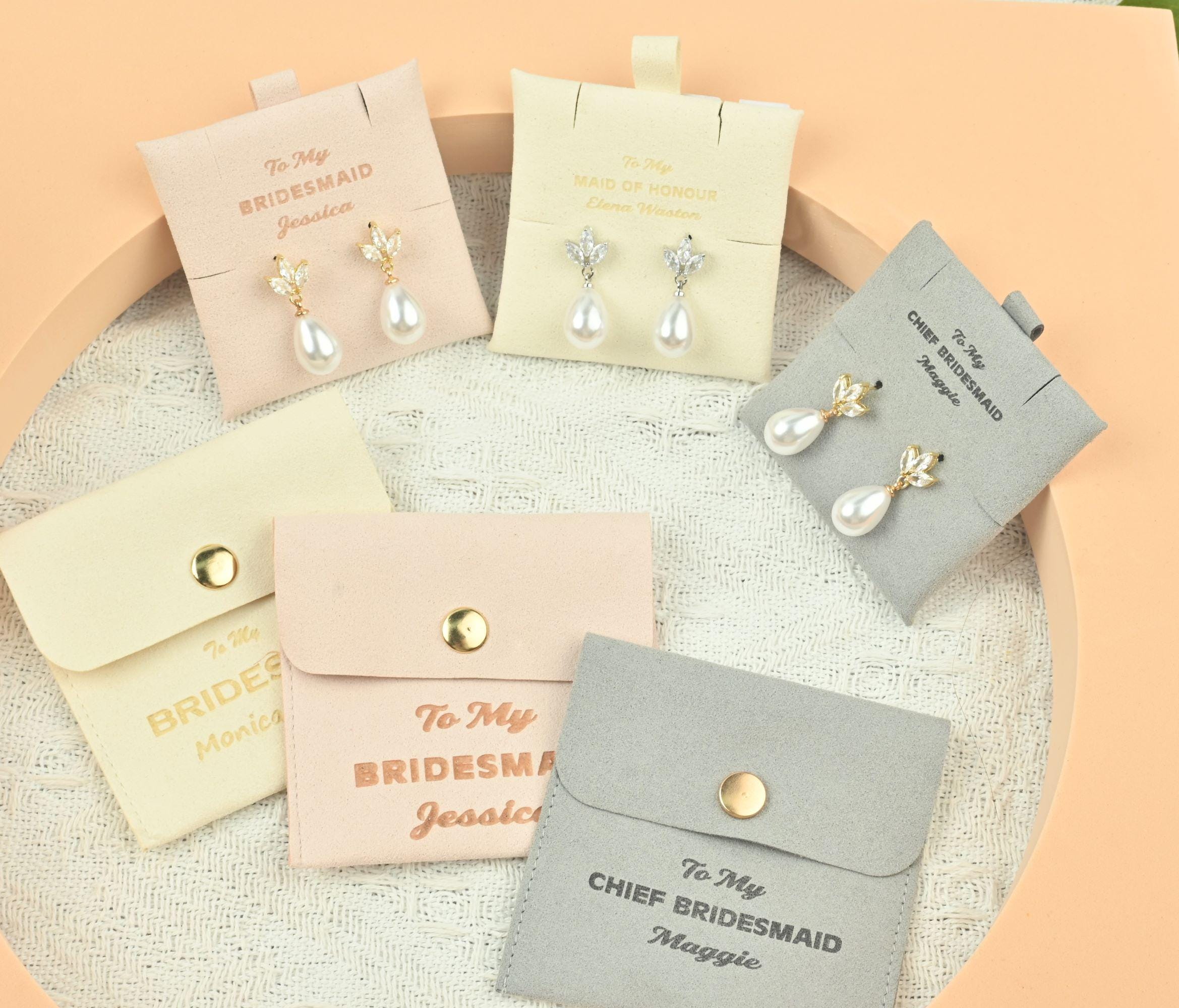 Pearl Bridesmaid Earrings: 18k Gold Plated, Personalized Pouch