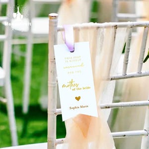 Etiquetas de reserva de asientos personalizadas con lámina dorada para sillas de boda, letreros de reserva de asientos personalizados para ceremonias de boda.