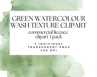 May include: Green watercolor wash texture clipart, commercial license, clipart 3 pack, 3 individual transparent PNGs, 300 DPI.