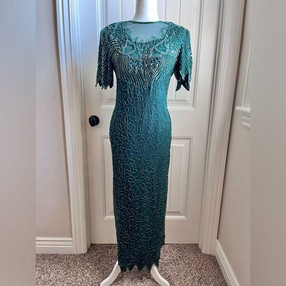 Scala Emerald Beaded Sequin Silk Formal Evening G… - image 1