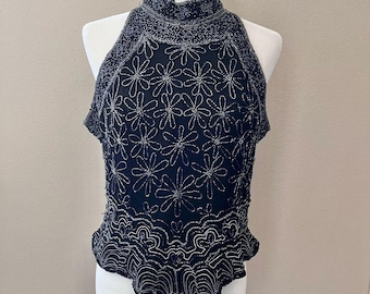 Papell Boutique Evening Beaded Formal Halter Top Black Silver Silk Flowers Large