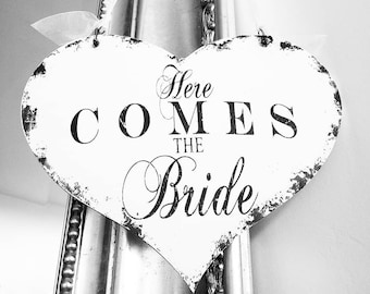 HERE COMES the BRIDE Wood Sign | Rustic Wood Heart Wedding Sign | Rustic Ring Bearer Sign | Rustic Wedding Decorations | Shabby Chic Sign