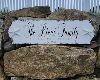 Letrero de casa de playa personalizado / Acabado marfil envejecido, decoración de estrella de mar