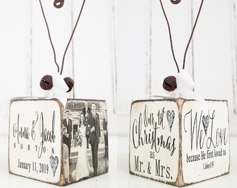Our 1st Christmas as Mr and Mrs Rustic Christmas Ornament with Photo | Personalized with Names, Wedding Date and Photo | We Love because