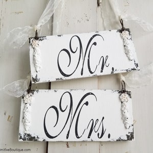 Mr and Mrs Signs Shabby Chic Wedding Signs Wedding Chair Signs Bride and Groom Signs Vintage Wedding Decor Elegant Wedding Decor image 1