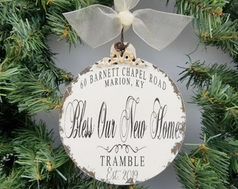 Bless OUR NEW HOME Ornament | New Home Ornament | Personalized Ornament | Custom Name Ornament | Shabby Chic Ornament | Address Ornament