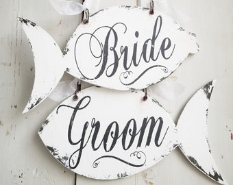 Bride and Groom WOOD WEDDING SIGNS | Rustic Wedding Signs | Rustic Beach Wedding Decor | Fishing Wedding Decor | Rustic Fishing Decorations