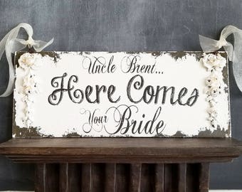 HERE COMES your BRIDE Sign | Personalized | Rustic Wedding Sign | Shabby Chic Wedding Sign | Ring Bearer Sign | Flower Girl Sign | Roses