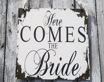 Rustic HERE COMES The BRIDE Sign | Ring Bearer Sign | Flower Girl Sign | Shabby Chic Wedding Decor | Rustic Wood Wedding Decor | Handmade