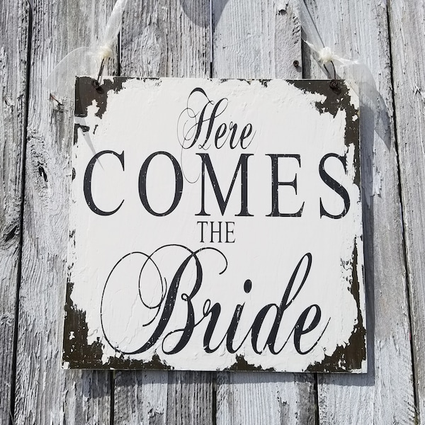 Rustic HERE COMES The BRIDE Sign | Ring Bearer Sign | Flower Girl Sign | Shabby Chic Wedding Decor | Rustic Wood Wedding Decor | Handmade