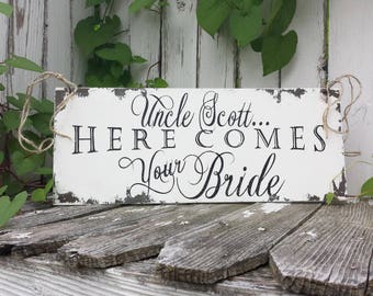 Here Comes Your Bride Sign | PERSONALIZED WEDDING SIGN | Shabby Chic Wedding Decor | Rustic Ring Bearer Sign | Ribbon Handles | Wood Sign