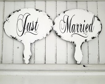 Just Married Signs | Bride and Groom Signs | Props for Ring Bearer or Flower Girl | Just Married Wedding Signs | Wooden Paddle Style Signs