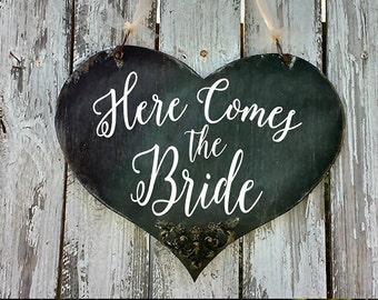 Wood Heart HERE COMES the BRIDE Sign | Chalkboard Sign | Wedding Sign | Rustic Ring Bearer Sign | Flower Girl Sign | Rustic Ceremony Sign