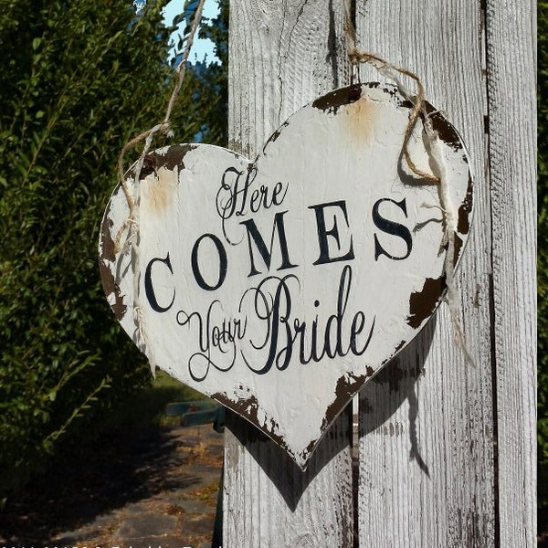 Here COMES YOUR BRIDE Wood Wedding Sign | Heart Wedding Sign | Rustic Heart Wedding Sign |Rustic Ring Bearer Sign |Here Comes the Bride Sign