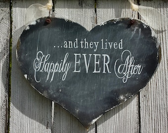 HAPPILY EVER AFTER Sign | Wood Heart Wedding Sign | Ring Bearer Sign | Chalkboard | Flower Girl Sign | Fairytale Wedding | Rustic Heart Sign