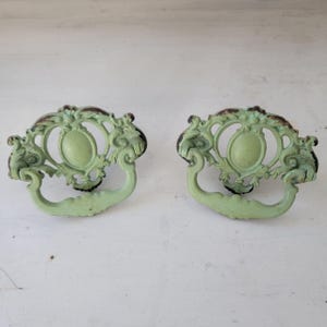 Vintage Style Mint Green Cast Iron Vertical Cabinet Pulls Set of 2 | Discontinued Ornate Rococo Furniture Handles, New with Screws