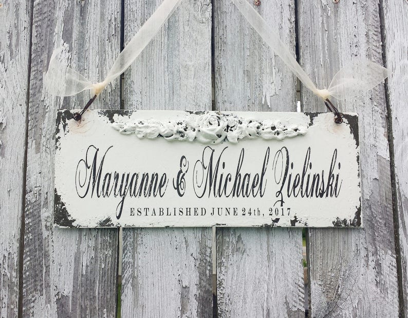 Shabby Chic Farmhouse Decor Chippy Painted Signs Wedding Signs Gifts for Couples Engagement Gift French Country Decor Custom Sign image 2