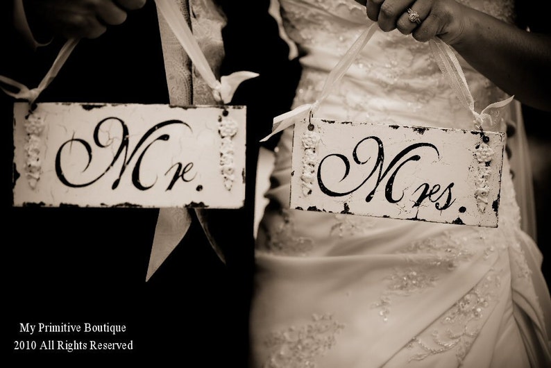 Mr and Mrs Signs Shabby Chic Wedding Signs Wedding Chair Signs Bride and Groom Signs Vintage Wedding Decor Elegant Wedding Decor image 2