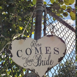 Here COMES YOUR BRIDE Wood Wedding Sign Heart Wedding Sign Rustic Heart Wedding Sign Rustic Ring Bearer Sign Here Comes the Bride Sign image 3