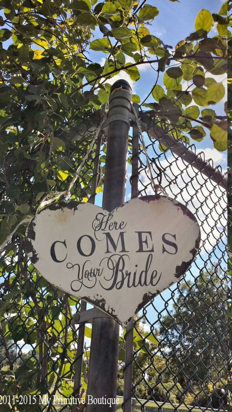 Here COMES YOUR BRIDE Wood Wedding Sign Heart Wedding Sign Rustic Heart Wedding Sign Rustic Ring Bearer Sign Here Comes the Bride Sign image 3