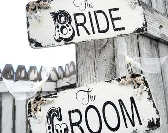 Bride and Groom Chair Signs with Ribbon | Mr and Mrs Chair Signs | Vintage Wedding Signs | Vintage Wedding Decor | Rustic Wedding Decor