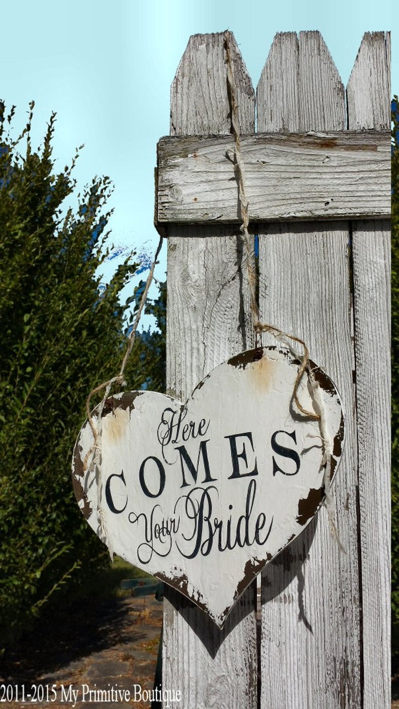 Here COMES YOUR BRIDE Wood Wedding Sign Heart Wedding Sign Rustic Heart Wedding Sign Rustic Ring Bearer Sign Here Comes the Bride Sign image 1