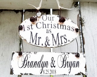 Handmade MR and MRS Christmas ORNAMENT | Our 1st Christmas | Our First Christmas Ornament | Personalized Ornament |Rustic Christmas Ornament