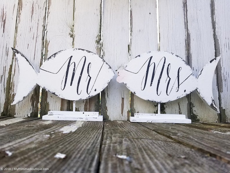 Fishing Theme Wedding Decor Rustic Wedding Signs Wooden Fish Signs Mr and Mrs Rustic Sweetheart Table Decor Rustic Wedding Decor image 2