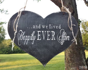 Happily Ever After Wood Sign | Wedding Heart Sign | Rustic Chalkboard | Ring Bearer Sign | Flower Girl Sign | we lived Happily Ever After