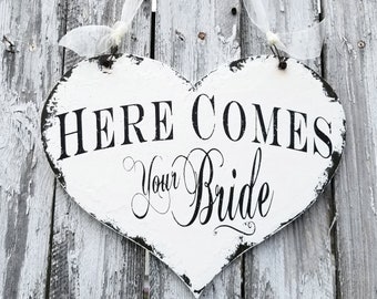 Here Comes the Bride Wood Heart Sign | Ring Bearer Wedding Sign | Flower Girl Heart Sign | Rustic Wedding Heart Sign | Sign for Ring Bearer