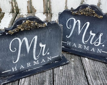 Rustic Chalkboard Mr and Mrs Signs | Sweetheart Table Signs | Rustic Wedding Sign | Rustic Wedding Decor | Personalized Wooden Wedding Signs