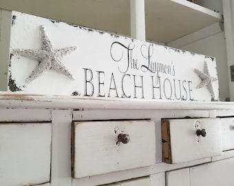 Letrero con nombre personalizado / Decoración de casa de playa / Estrella de mar / Letrero con nombre familiar / Letrero náutico / Letrero con apellido / Decoración costera / Decoración rústica de casa de lago