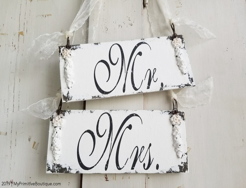 Mr and Mrs Signs Shabby Chic Wedding Signs Wedding Chair Signs Bride and Groom Signs Vintage Wedding Decor Elegant Wedding Decor image 1