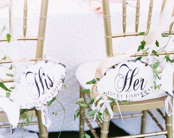 Mr and Mrs WEDDING CHAIR SIGNS | Her Lucky Fisherman | His Lucky Catch | Wedding Signs | Beach Wedding Decor | Rustic Wedding | Fish |Bridal