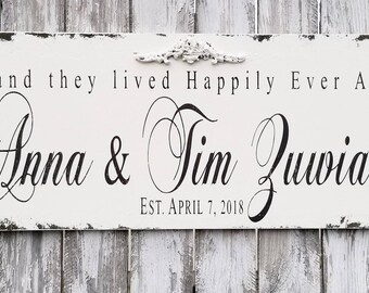 Personalized Happily Ever After Wood Sign | Wedding Sign | Hand Painted Sign | Bedroom Sign | Custom Wood Name Sign | Large Rustic Name Sign