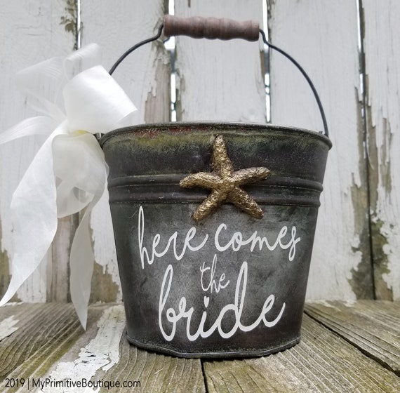 Rustic Beach Wedding Flower Girl Basket With Starfish Beach Wedding Decor Flower Girl Pail Vintage Wedding Decor Here Comes The Bride