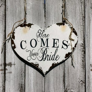 Here COMES YOUR BRIDE Wood Wedding Sign Heart Wedding Sign Rustic Heart Wedding Sign Rustic Ring Bearer Sign Here Comes the Bride Sign image 2