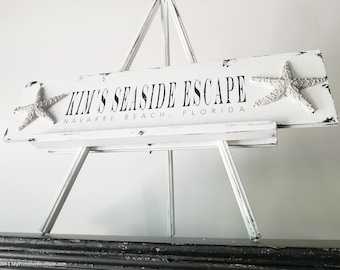 Letrero de casa de playa personalizado con estrella de mar / Letrero con nombre personalizado / Decoración rústica de casa de playa / Decoración de playa / Decoración costera / Decoración náutica