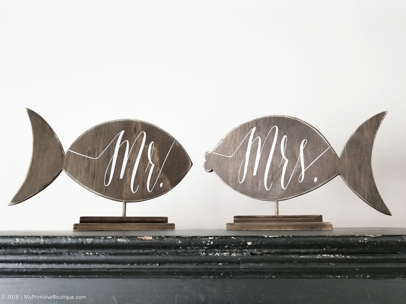 Fishing Theme Wedding Decor Rustic Wedding Signs Wooden Fish Signs Mr and Mrs Rustic Sweetheart Table Decor Rustic Wedding Decor image 3