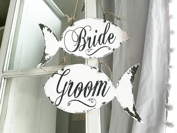 Bride and Groom WOOD WEDDING SIGNS | Rustic Wedding Signs | Rustic Beach  Wedding Decor | Fishing Wedding Decor | Rustic Fishing Decorations