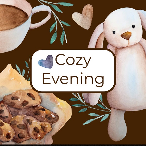 Cozy Evening Digital Set PNG Aquarell Tasse Haus Kerze Hase Bücher