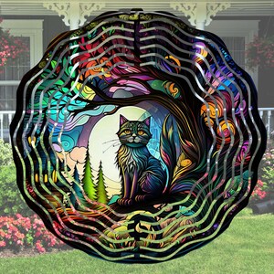 10-inch Cartoon Cat Wind Spinner, Cat Lover, Spooky Season Wind Spinner, Double Sided, Metal Wind Spinner, Stained Glass Design Wind Spinner