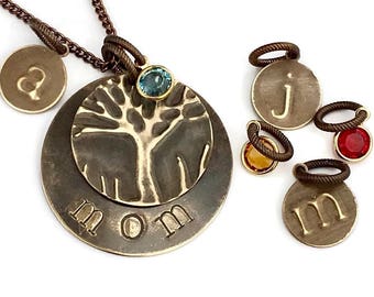 mothers day gift for mom | custom stamped mom necklace | gift for mom with initial disc charms and birthstones| personalized present