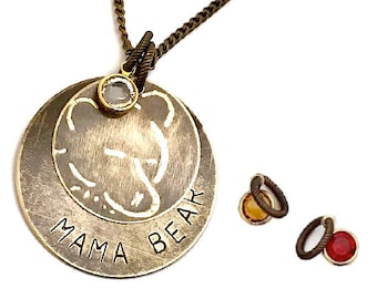 Mothers|Day|Gift|Ideas Mama Bear Face, Stamped with "Mama Bear" Discs Pendant with Birthstones of Choice Brass Necklace